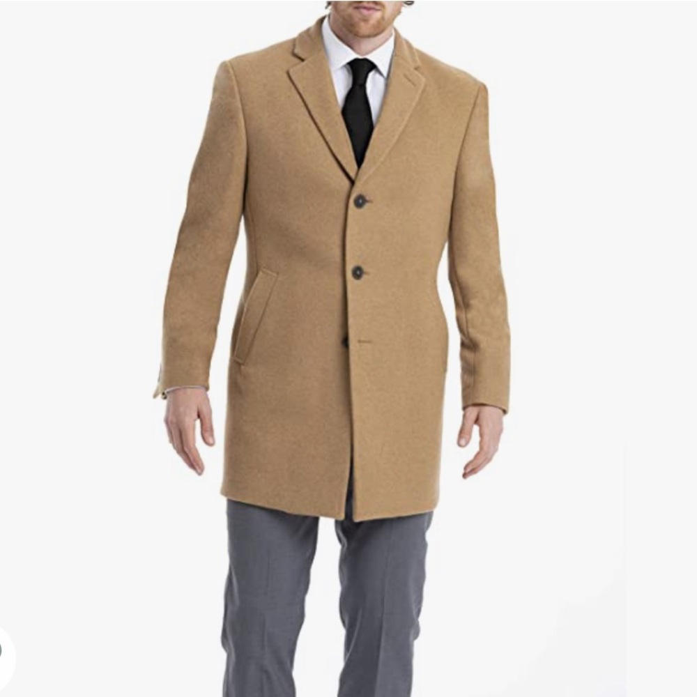Calvin Klein Men's Slim Fit Wool Blend Overcoat Jacket, Camel, 42R